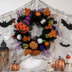 24 Inch Spooky Halloween Jack-O'-Lantern Wreath with Witch Hat Door Wall Decoration