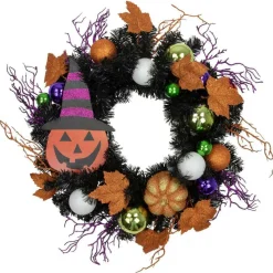 24 Inch Spooky Halloween Jack-O'-Lantern Wreath with Witch Hat Door Wall Decoration