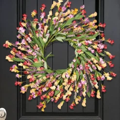 24 Inch Spring Summer Floral Wreath for Front Door, Artificial Wildflower Wreath with Berries and Greenery, Farmhouse Outdoor Indoor Porch Wall Window Decoration