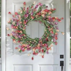 24 Inch Spring Summer Front Door Wreath – Handmade All Seasons Floral Wreath for Front Door, Indoor Outdoor Home Decor, Farmhouse Wall Hanging, Wedding & Holiday Decoration (Red, Orange & Purple)
