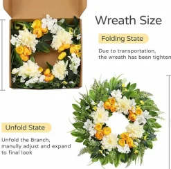 24 Inch Summer Wreath for Front Door with Peony, Ranunculus & Hydrangea Flowers, Artificial Floral Wreath for Porch, Entryway, Wall, Window, Farmhouse Seasonal Home Decor