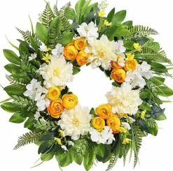 24 Inch Summer Wreath for Front Door with Peony, Ranunculus & Hydrangea Flowers, Artificial Floral Wreath for Porch, Entryway, Wall, Window, Farmhouse Seasonal Home Decor