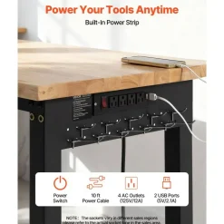Industrial Work Bench with 6 Position Height Adjustment, 5000 lb Load Capacity, Oak Tabletop Workshop Desk with Tool Organizer