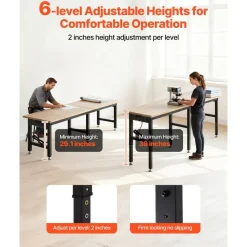 Industrial Work Bench with 6 Position Height Adjustment, 5000 lb Load Capacity, Oak Tabletop Workshop Desk with Tool Organizer