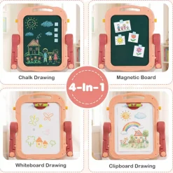 4-in-1 Kids Art Easel, Double-Sided Magnetic Chalkboard and Whiteboard with Art Table, 360° Swivel Drawing Board, Storage Trays, Ages 3+