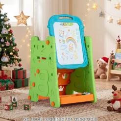 4-in-1 Kids Art Easel, Double-Sided Magnetic Whiteboard and Chalkboard with Drawing Board, 3-Tier Book Rack, Adjustable Height, Ages 3+