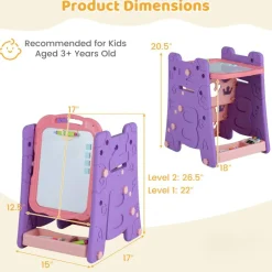 4-in-1 Kids Art Easel, Double-Sided Magnetic Whiteboard and Chalkboard with Drawing Board, 3-Tier Book Rack, Adjustable Height, Ages 3+