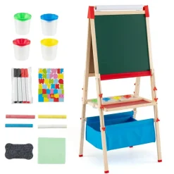 3-in-1 Kids Easel with Magnetic Whiteboard, Chalkboard and Paper Roll, Height Adjustable Foldable Art Easel with Art Supplies, Pine Wood, Ages 3-14