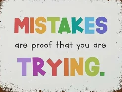 Inspirational Vintage Metal Wall Sign – “Mistakes Are Proof You Are Trying” Classroom Decor, Retro Teacher Motivational Tin Plaque, 12x8 Inch School Office Home Wall Art
