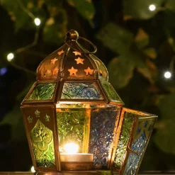 In the Breeze 9209 — Blue & Green Hex Tealight Lantern — Moroccan-Style Boho Chic Tealight Glass and Metal Tabletop Lantern