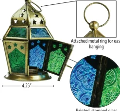 In the Breeze 9209 — Blue & Green Hex Tealight Lantern — Moroccan-Style Boho Chic Tealight Glass and Metal Tabletop Lantern
