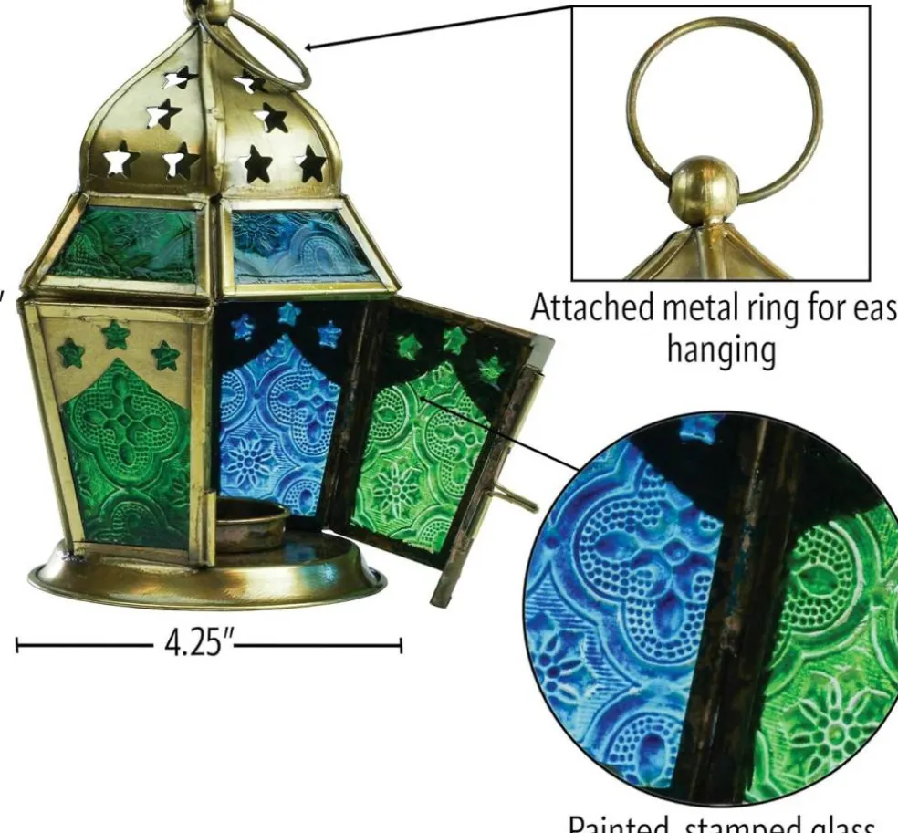 In the Breeze 9209 — Blue & Green Hex Tealight Lantern — Moroccan-Style Boho Chic Tealight Glass and Metal Tabletop Lantern