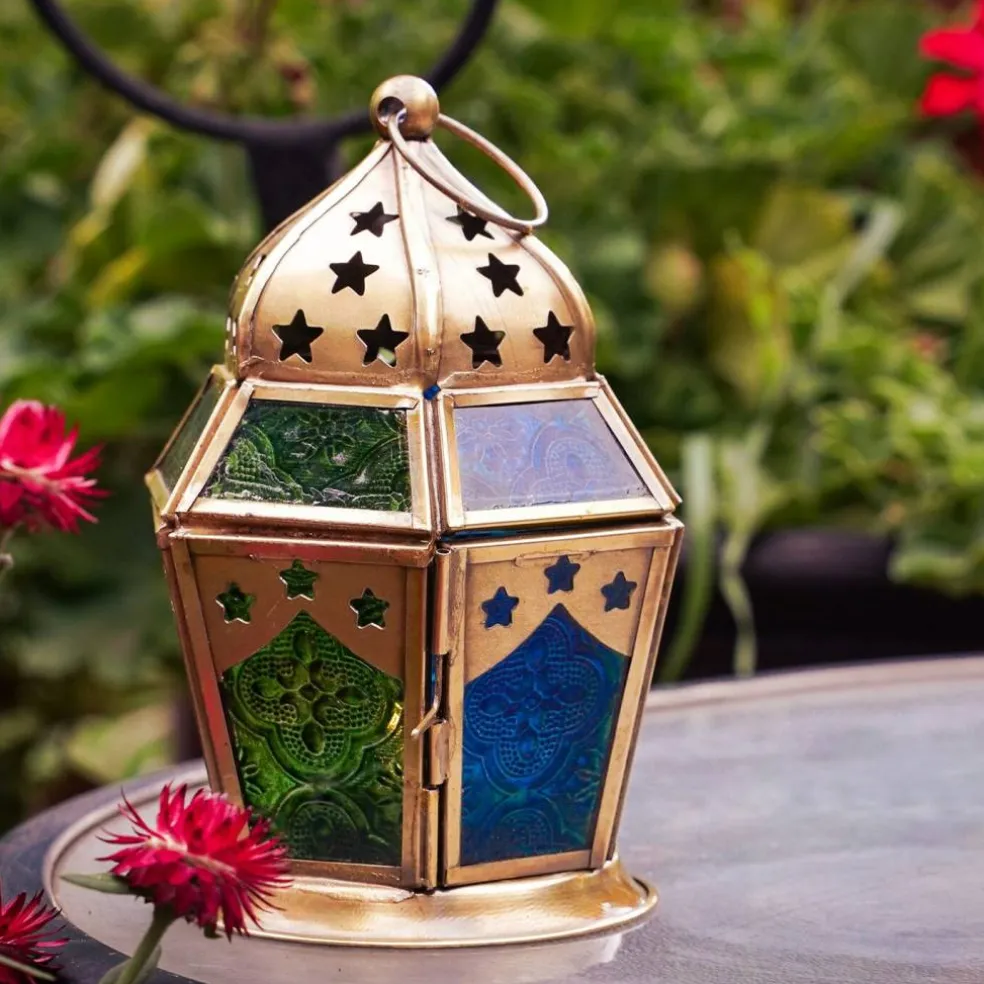 In the Breeze 9209 — Blue & Green Hex Tealight Lantern — Moroccan-Style Boho Chic Tealight Glass and Metal Tabletop Lantern