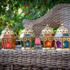 In the Breeze 9209 — Blue & Green Hex Tealight Lantern — Moroccan-Style Boho Chic Tealight Glass and Metal Tabletop Lantern