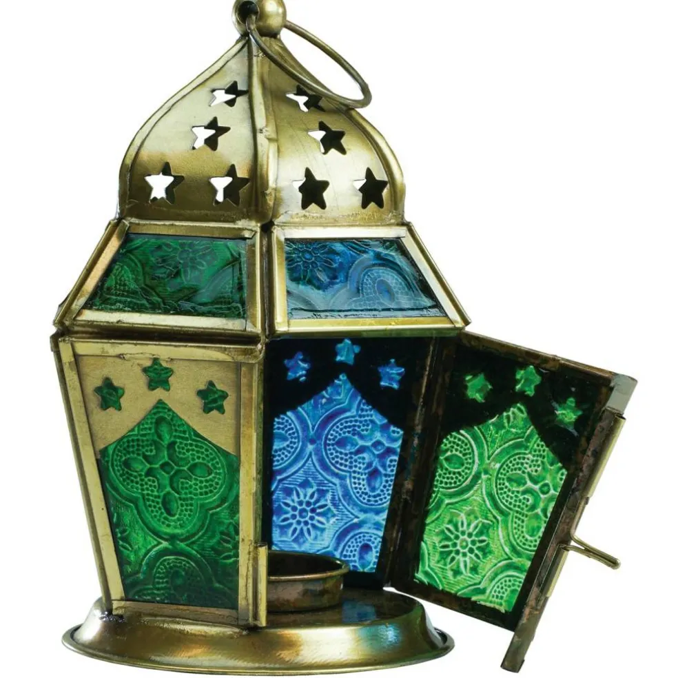 In the Breeze 9209 — Blue & Green Hex Tealight Lantern — Moroccan-Style Boho Chic Tealight Glass and Metal Tabletop Lantern