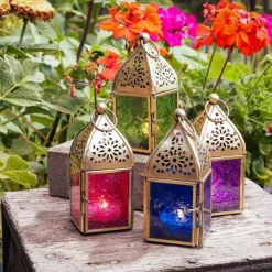 In the Breeze 9202 — Green Mini Square Tealight Lantern — Moroccan-Style Boho Chic Tealight Glass and Metal Tabletop Lantern