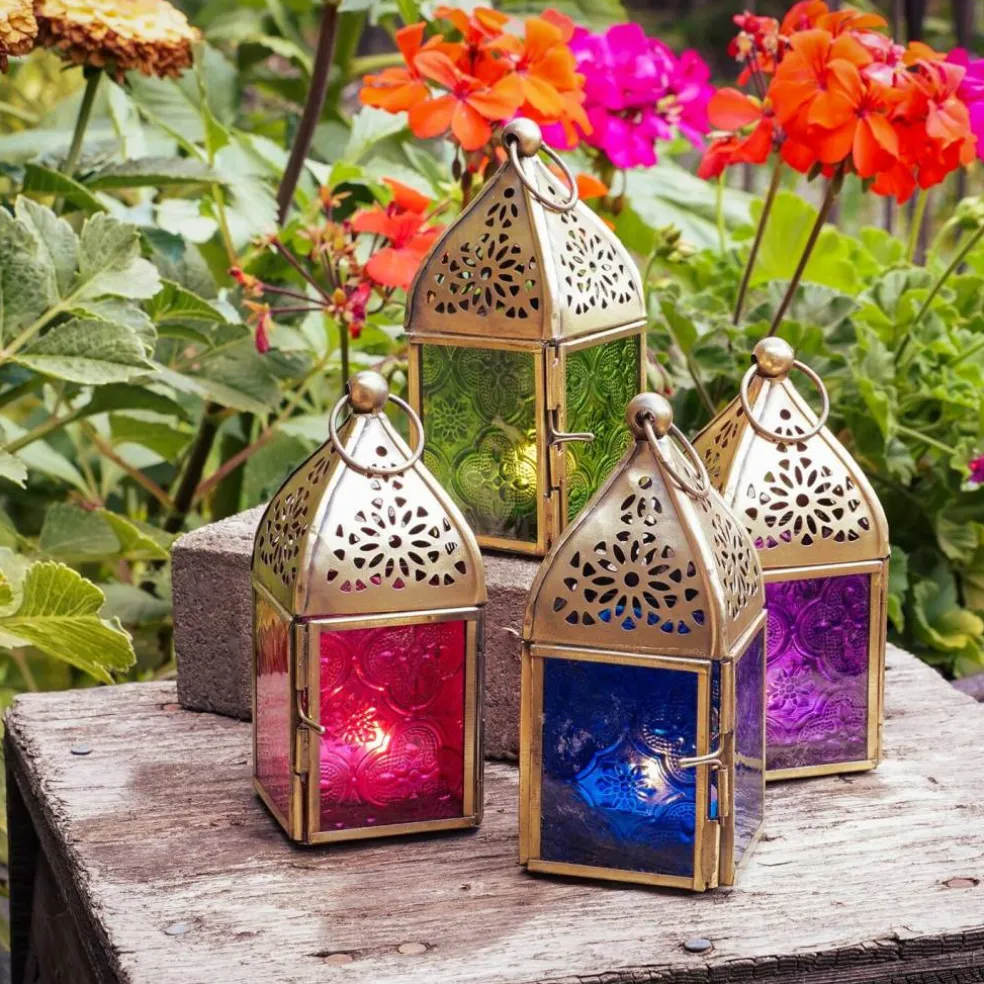 In the Breeze 9202 — Green Mini Square Tealight Lantern — Moroccan-Style Boho Chic Tealight Glass and Metal Tabletop Lantern