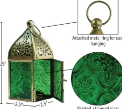 In the Breeze 9202 — Green Mini Square Tealight Lantern — Moroccan-Style Boho Chic Tealight Glass and Metal Tabletop Lantern