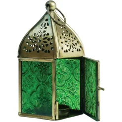 In the Breeze 9202 — Green Mini Square Tealight Lantern — Moroccan-Style Boho Chic Tealight Glass and Metal Tabletop Lantern