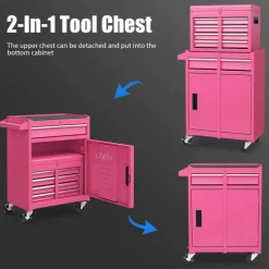 2-in-1 Tool Chest Cabinet with 5 Sliding Drawers and 4 Universal Wheels Perfect for Garage or Workshop