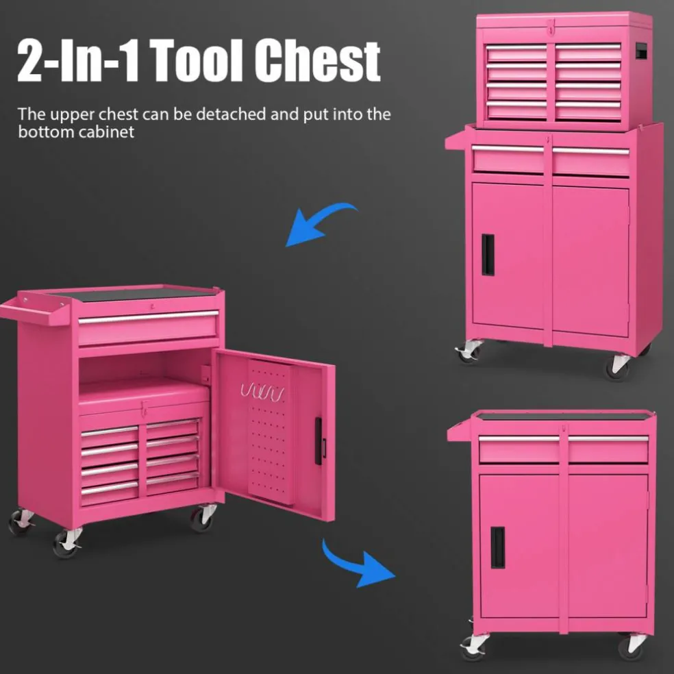 2-in-1 Tool Chest Cabinet with 5 Sliding Drawers and 4 Universal Wheels Perfect for Garage or Workshop