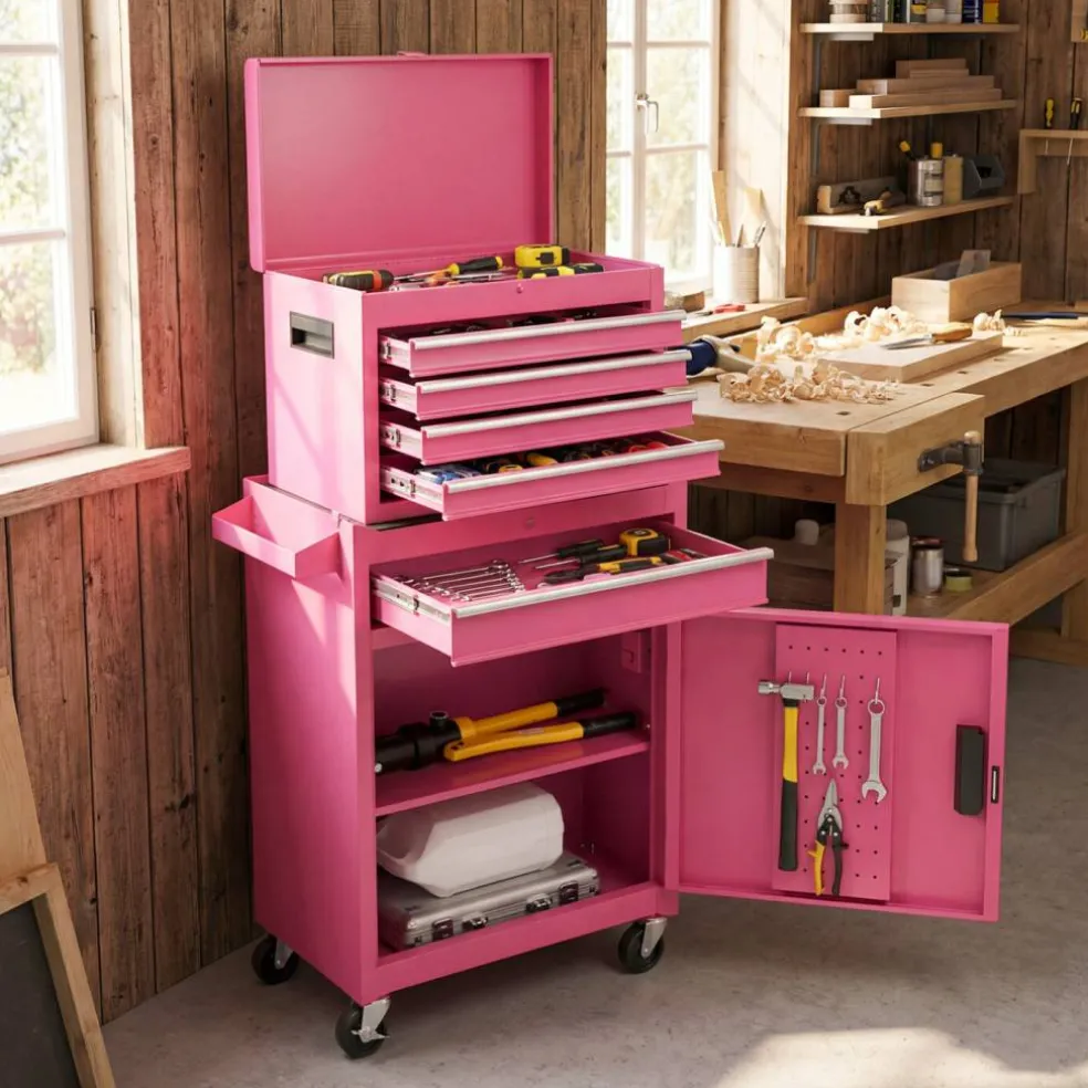 2-in-1 Tool Chest Cabinet with 5 Sliding Drawers and 4 Universal Wheels Perfect for Garage or Workshop