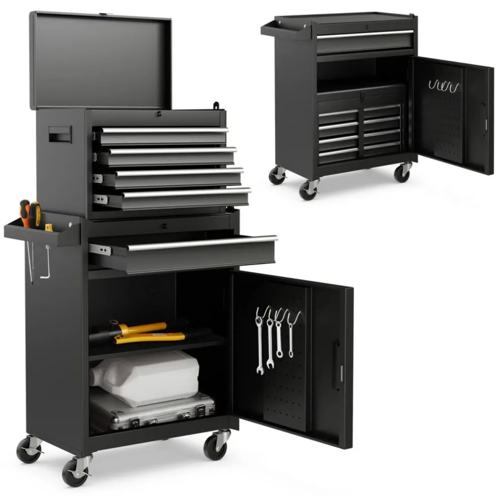 2-in-1 Tool Chest Cabinet with 5 Sliding Drawers and 4 Universal Wheels Perfect for Garage or Workshop
