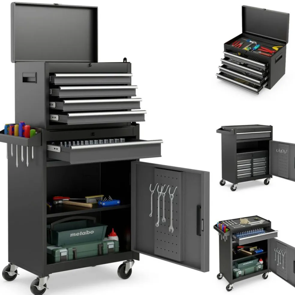 2-in-1 Tool Chest Cabinet with 5 Sliding Drawers and 4 Universal Wheels Perfect for Garage or Workshop
