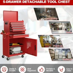2-in-1 Tool Chest Cabinet with 5 Sliding Drawers and 4 Universal Wheels Perfect for Garage or Workshop