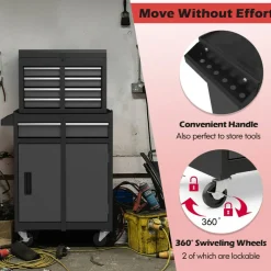 2-in-1 Tool Chest Cabinet with 5 Sliding Drawers and 4 Universal Wheels Perfect for Garage or Workshop