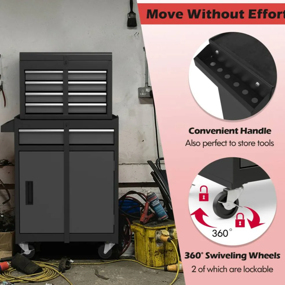 2-in-1 Tool Chest Cabinet with 5 Sliding Drawers and 4 Universal Wheels Perfect for Garage or Workshop