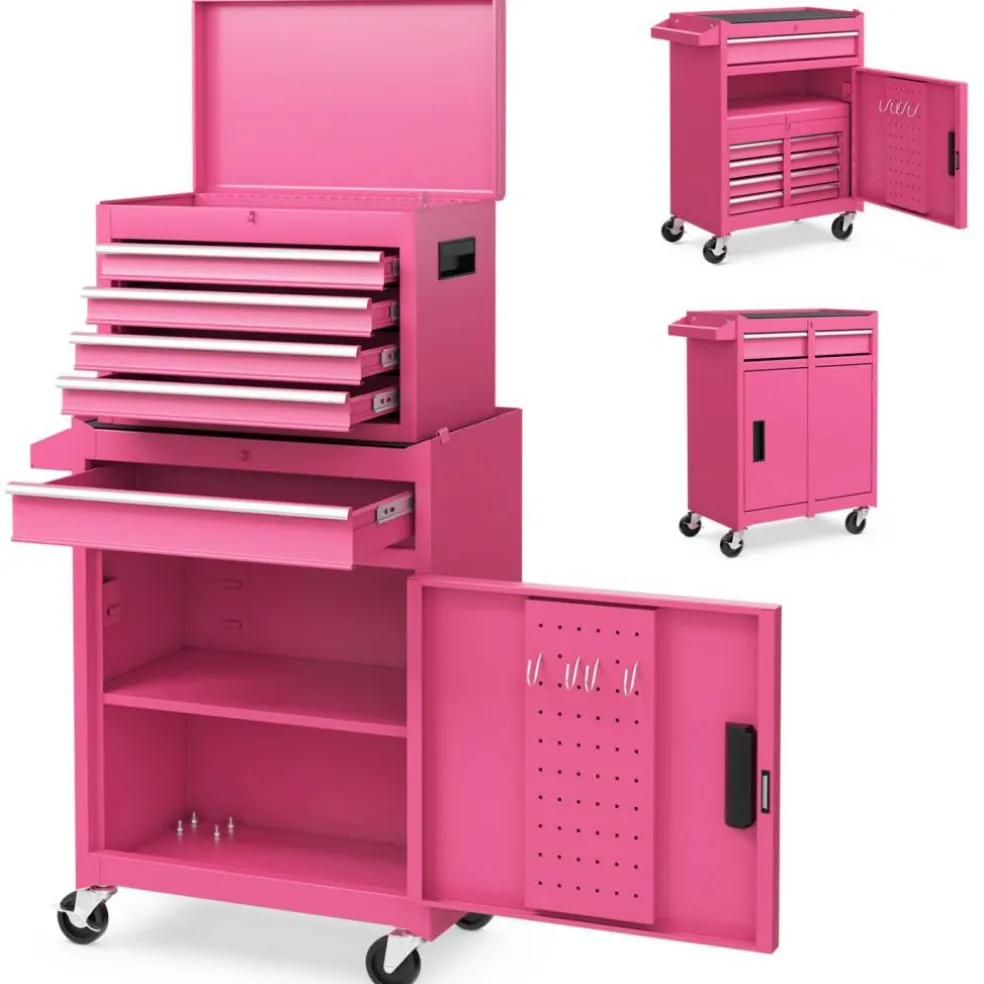 2-in-1 Tool Chest Cabinet with 5 Sliding Drawers and 4 Universal Wheels Perfect for Garage or Workshop