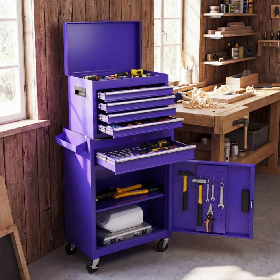 2-in-1 Tool Chest Cabinet with 5 Sliding Drawers and 4 Universal Wheels Perfect for Garage or Workshop