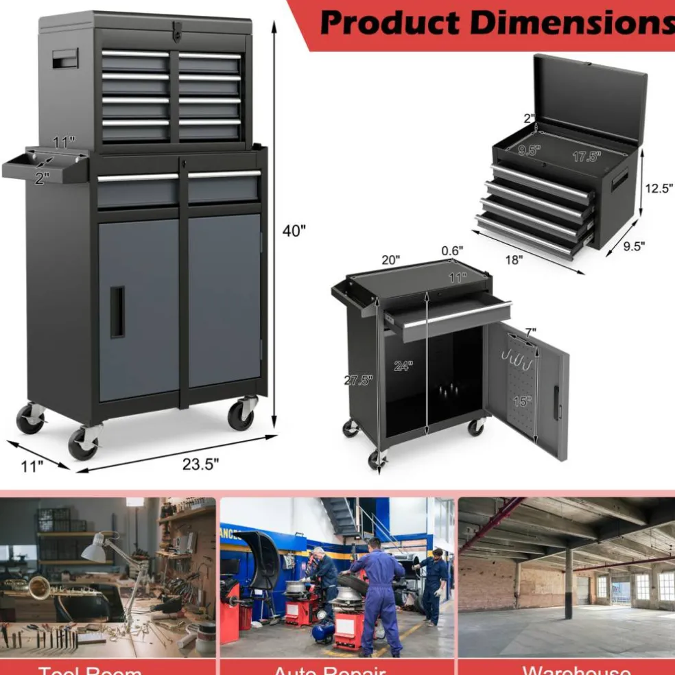 2-in-1 Tool Chest Cabinet with 5 Sliding Drawers and 4 Universal Wheels Perfect for Garage or Workshop