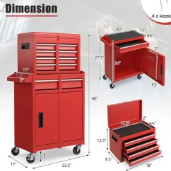 2-in-1 Tool Chest Cabinet with 5 Sliding Drawers and 4 Universal Wheels Perfect for Garage or Workshop