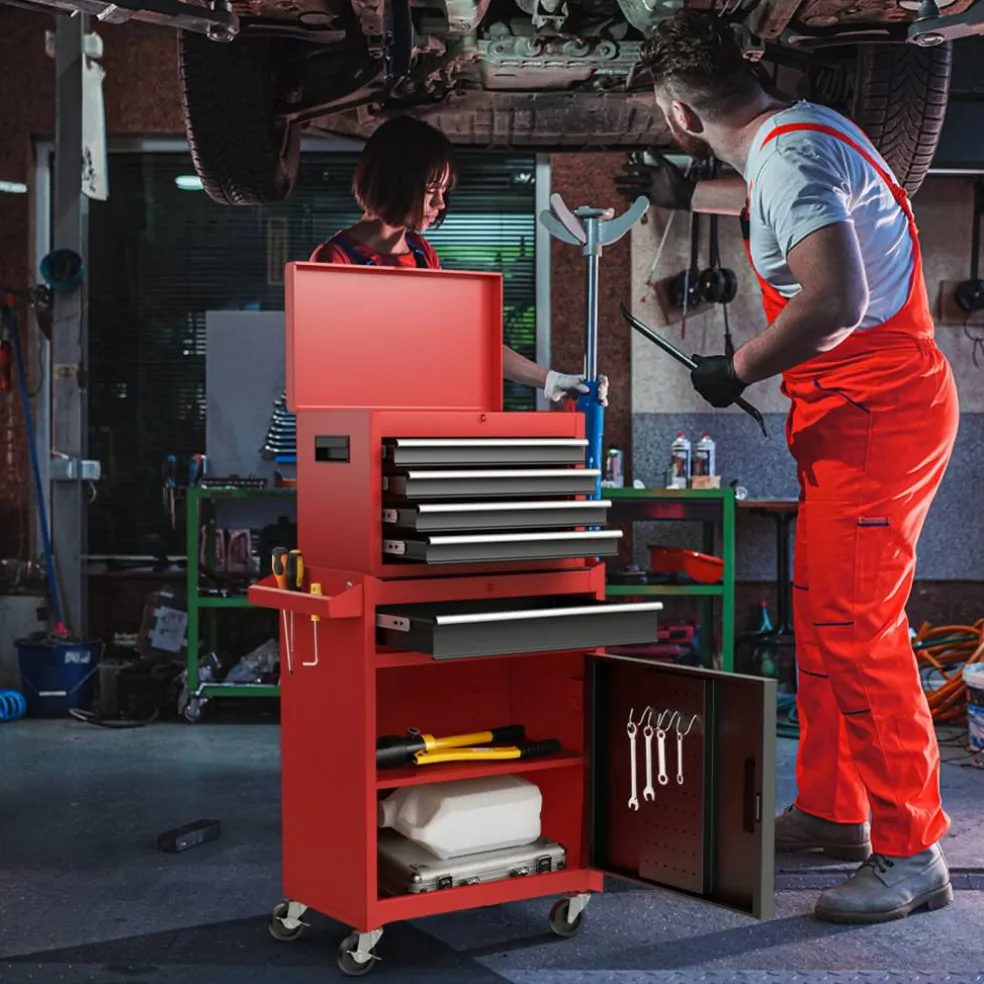 2-in-1 Tool Chest Cabinet with 5 Sliding Drawers and 4 Universal Wheels Perfect for Garage or Workshop
