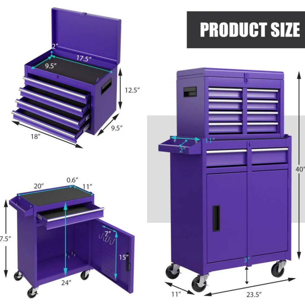 2-in-1 Tool Chest Cabinet with 5 Sliding Drawers and 4 Universal Wheels Perfect for Garage or Workshop