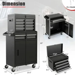 2-in-1 Tool Chest Cabinet with 5 Sliding Drawers and 4 Universal Wheels Perfect for Garage or Workshop