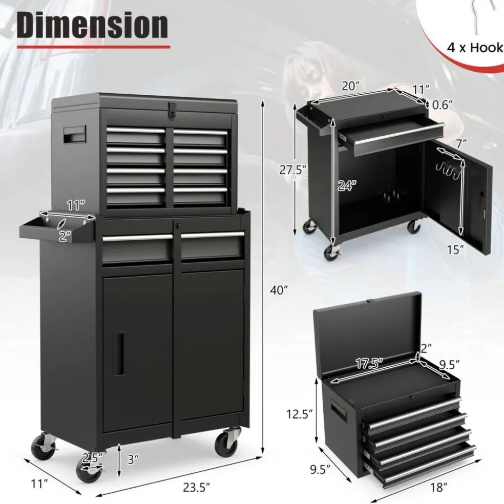 2-in-1 Tool Chest Cabinet with 5 Sliding Drawers and 4 Universal Wheels Perfect for Garage or Workshop