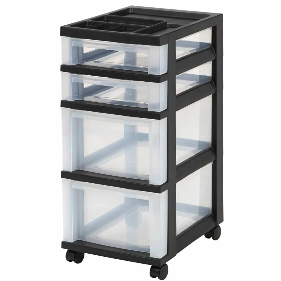 Iris® Black 4-Drawer Storage Cart with Organizer Top