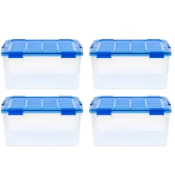 IRIS 15gal. Clear Plastic Storage Boxes with Blue Lid, 4ct.