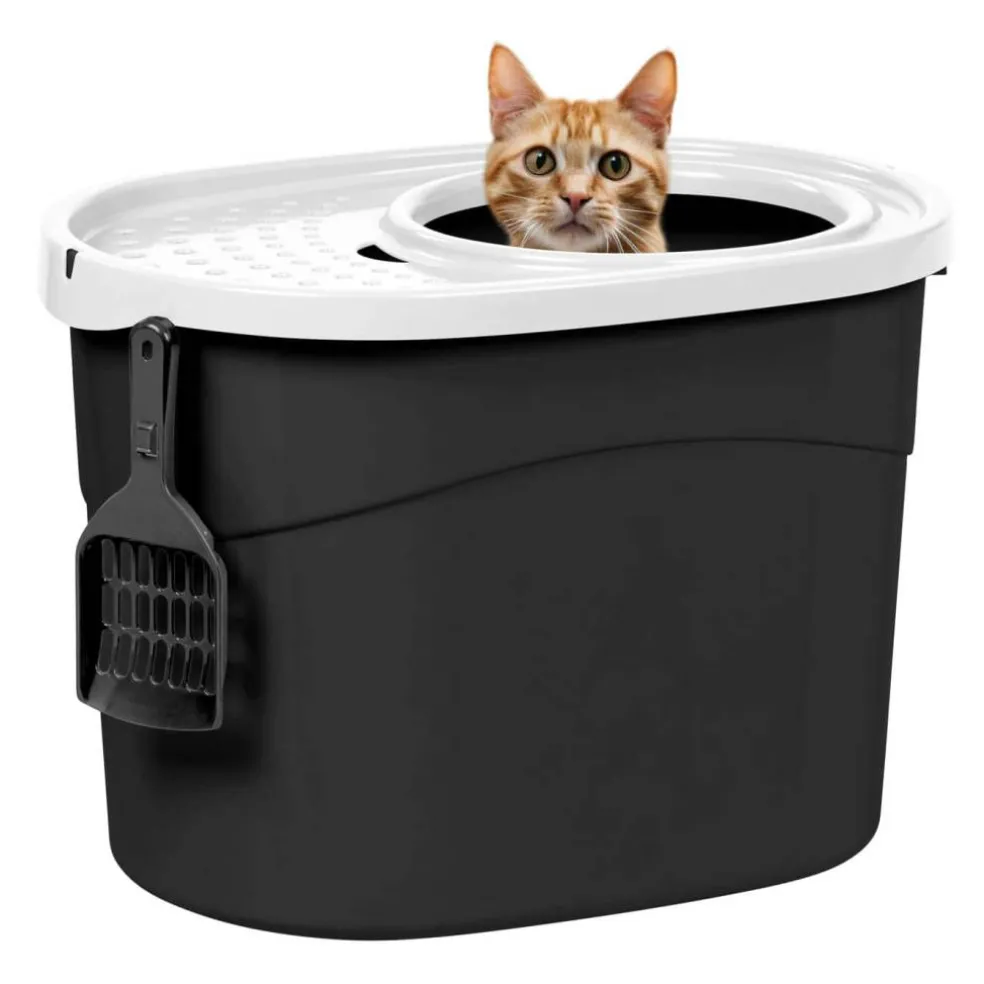 Iris® Large Top Entry Cat Litter Box with Scoop, Black