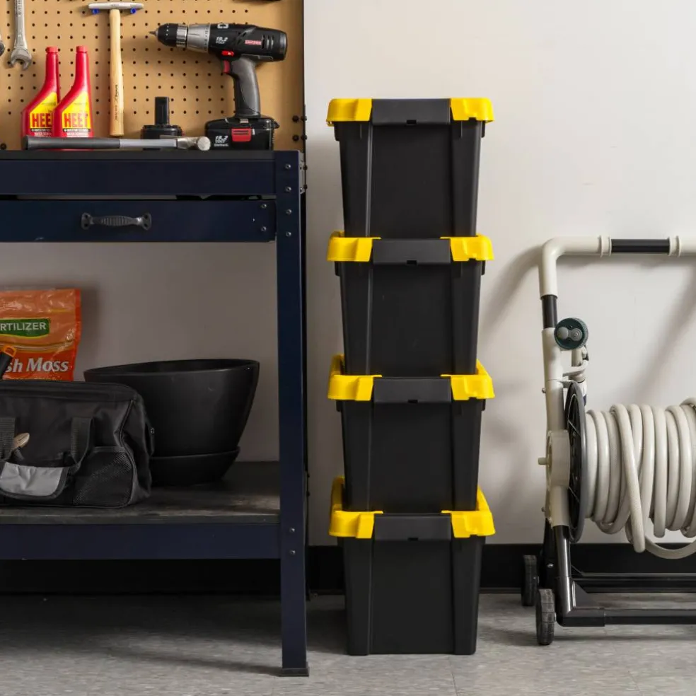 IRIS® 21.9qt. Black Store-It-All Utility Totes with Yellow Buckle Lids, 4ct.