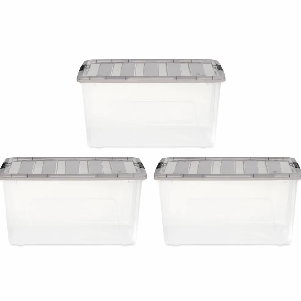 IRIS Stack & Pull Clear Plastic Storage Boxes with Gray Lid
