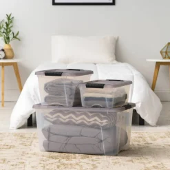 IRIS® Stack & Pull™ Clear Storage Box with Gray Lid