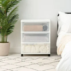 IRIS USA 3 Drawer Wide Storage Drawer Cart with Caster Wheels, Plastic Rolling Dresser for Home Closet Bedroom Bathroom Office Laundry Kitchen Craft Room Nursery and School Dorm, White/Clear