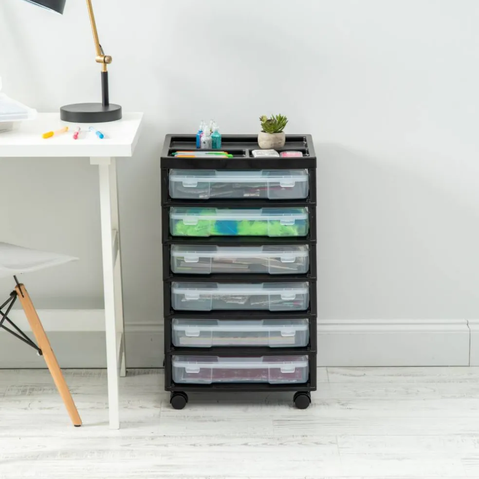 IRIS USA 6 Drawer 12" x 12" Scrapbook Rolling Storage Cart with Organizer Top and 6 Clear Cases, Black/White