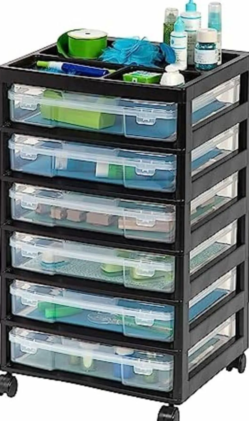 IRIS USA 6 Drawer 12" x 12" Scrapbook Rolling Storage Cart with Organizer Top and 6 Clear Cases, Black/White