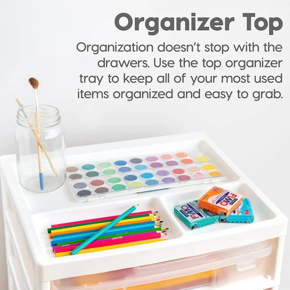 IRIS USA 6 Drawer 12" x 12" Scrapbook Rolling Storage Cart with Organizer Top and 6 Clear Cases, Black/White