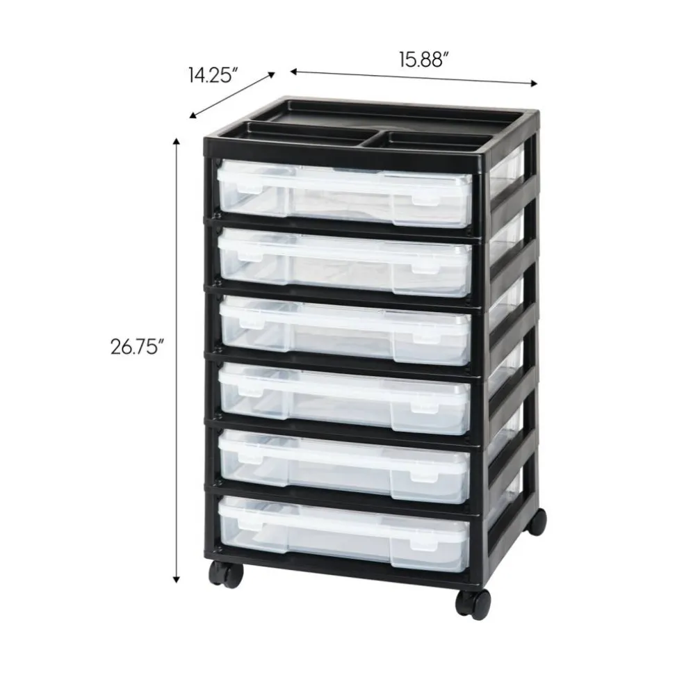 IRIS USA 6 Drawer 12" x 12" Scrapbook Rolling Storage Cart with Organizer Top and 6 Clear Cases, Black/White